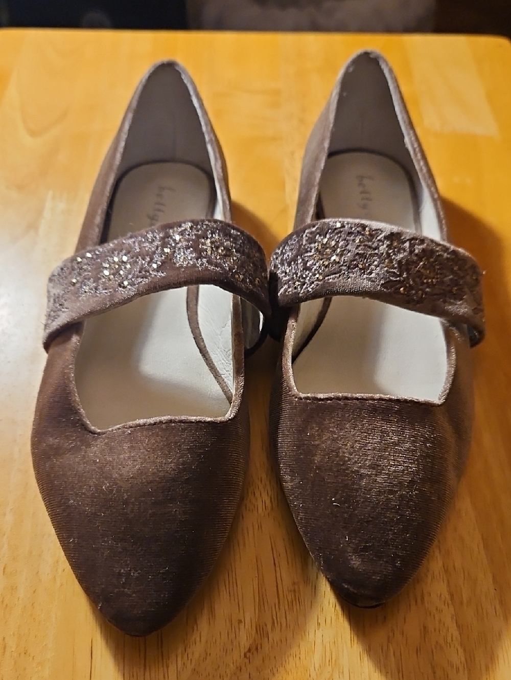 bettye muller Brown Velvet Mary Jane Flats with Glitter Strap Accent